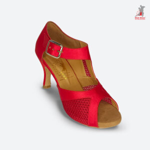 Vibrant Red Satin & Mesh T-Strap Peep-Toe Latin Dance Heel