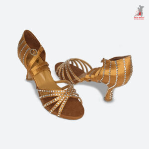 Elite Bronze Satin Latin Dance Sandal with Full Crystal Embellishment